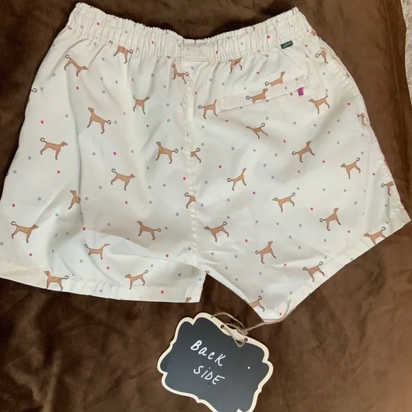 Polonio Ivory Brown Pink M Swim Shorts with Dog Print Beach Boat Coastal - Picture 8 of 9
